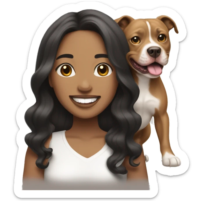light skin woman with long wavy black hair expressing joy alongide a white and brown pitbull sticker