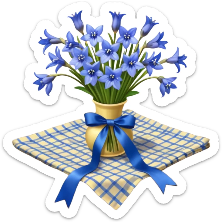 A lush bouquet of bright blue color bluebell black satin ribbon, resting on an antique wooden table, with a pale yellow and pink plaid pattern table cloth sticker