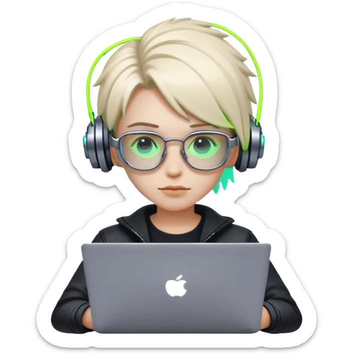 An emoji of a person with a laptop, but wearing cyberpunk glasses and with a slight neon glow sticker