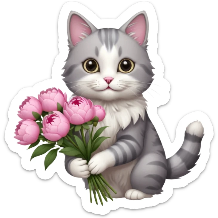 Cute cat Handing pink peonies like reaching a hand and handing them out a bouquet of them not a physical hand the cats hand  make the cat fluffy and grey and white fluffier sticker