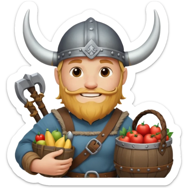A jovial Viking with round belly, horned helmet, and hearty smile while carrying supplies.
 sticker