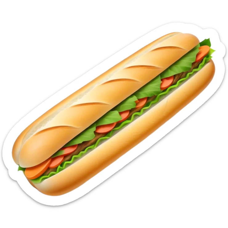 Banh Mi Cinematic Realistic Banh Mi Sandwich Dish Emoji, depicted as a simple, small baguette filled with fresh ingredients, rendered with crisp textures and vibrant, inviting lighting. sticker