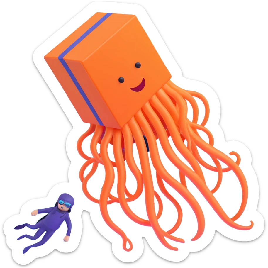 menacing box jellyfish with venomous tentacles close to a person swimming in blue water sticker