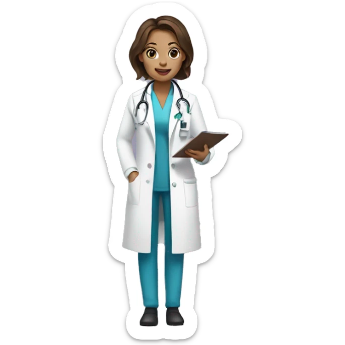 A woman doctor, with brown hair in a white coat, with pink lips, with brown eyes, holds a medical card in her hands sticker