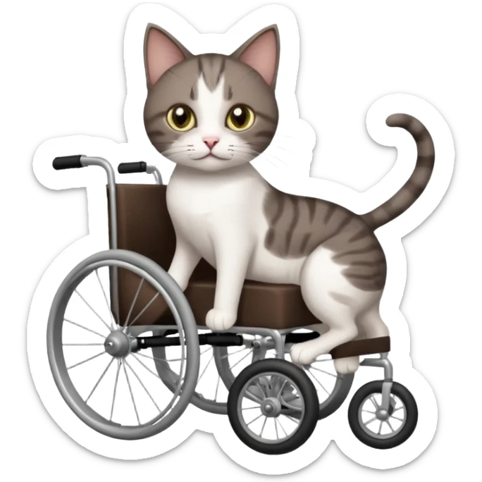 full body small short hair dark brown and white cat with hazel eyes walking in a wheelchair for cats sticker