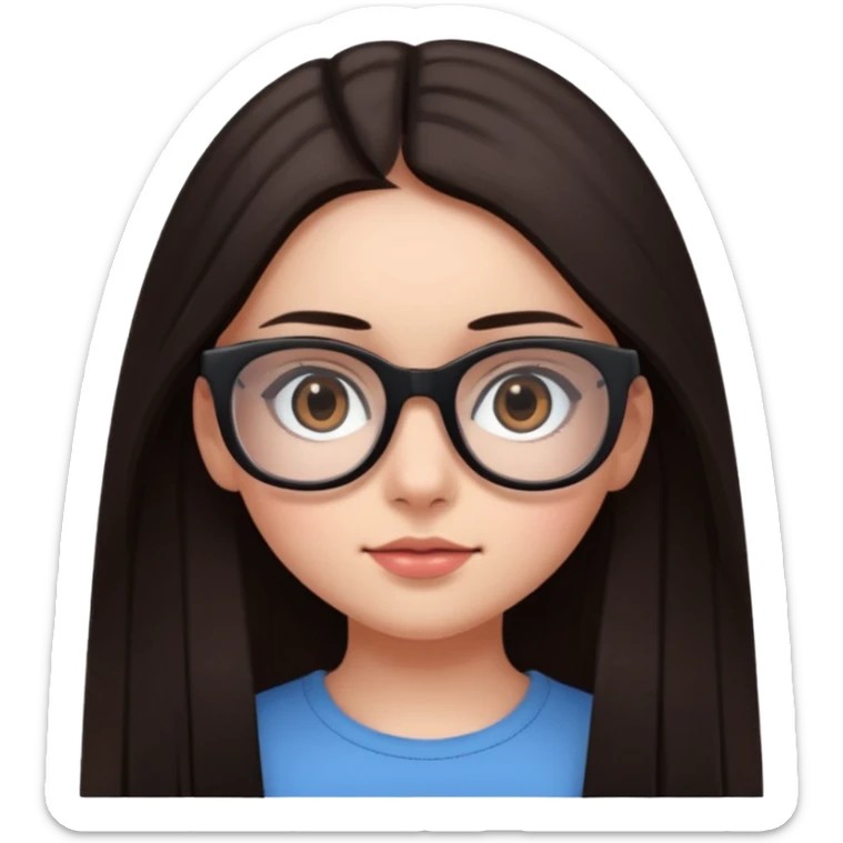une ado, brune aux cheuveux tres fonces longs lisses blanche, ,lunettes carres noires, yeux bruns fonces joues rose sticker