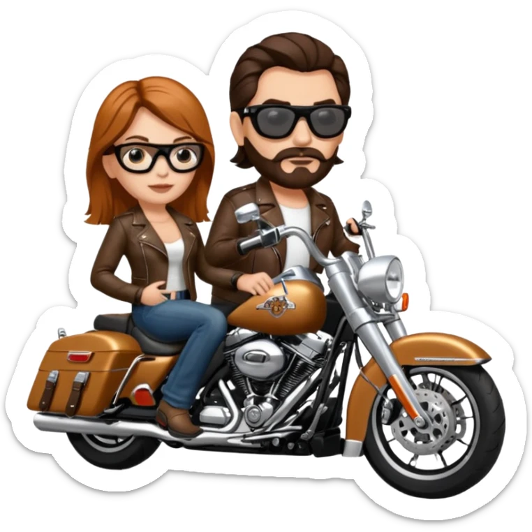 Un couple de biker sur une harley road king noire, l'homme a une paire de lunettes demetz ros21, la fille a des cheveux plus dans les tons chatain sticker