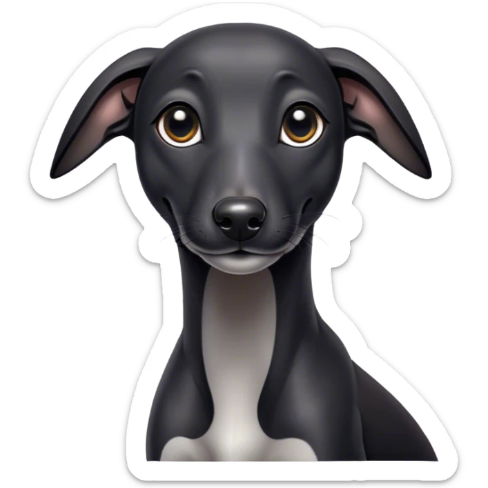 Cinematic Cute Black Greyhound Portrait Emoji, Head tilted playfully and inquisitively, featuring a smooth, shiny jet-black Fur and round, sparkling dark eyes filled with curiosity, Simplified yet irresistibly adorable features, highly detailed, glowing with a warm, friendly glow, high shine, affectionate and agile, stylized with a touch of whimsy, bright and endearing, soft glowing outline, capturing the essence of a mischievous yet loving racer, so playful it feels like it could dash out of the screen and into your arms! sticker