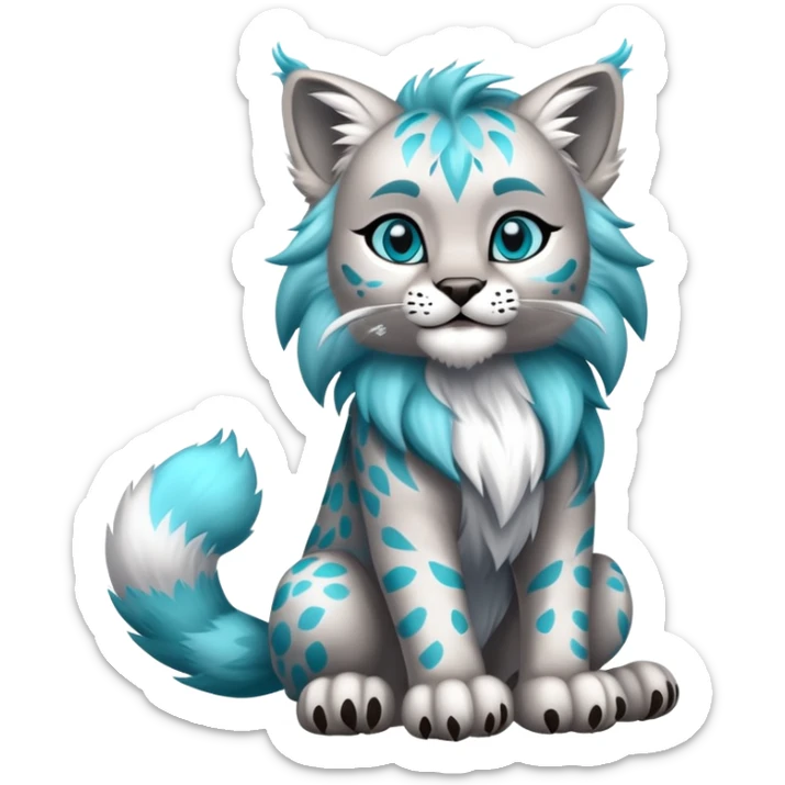 Silver and cyan Fairy-type Bobcat-Lynx-Lion-Fakémon full body sticker