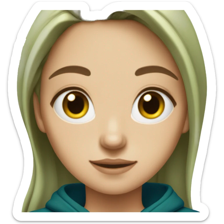 white girl with long wavy dark blue middle parted hair wearing green hoodie sticker