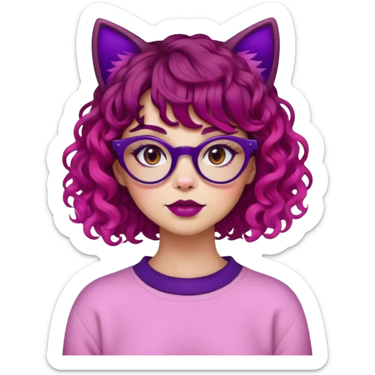 Woman wearing makeup with red and dark purple split dye curly hair and straight bangs wearing cat eye glasses and a pink sweater sticker
