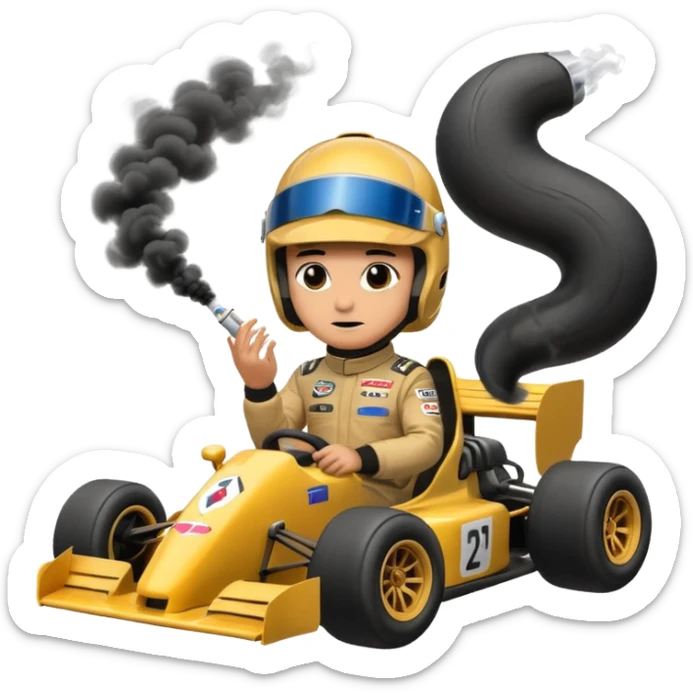 drifting car with tires smoke and a driver with a f1 helmet sticker