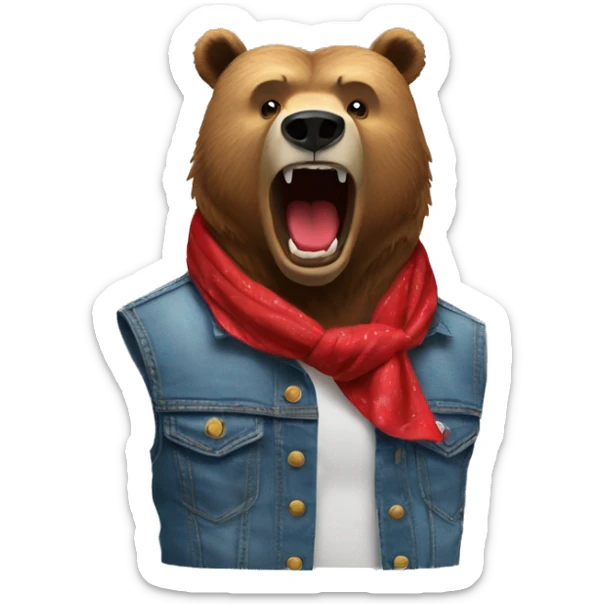 grizzly bear wearing sleeveless jean jacket and red bandana with open mouth sticker