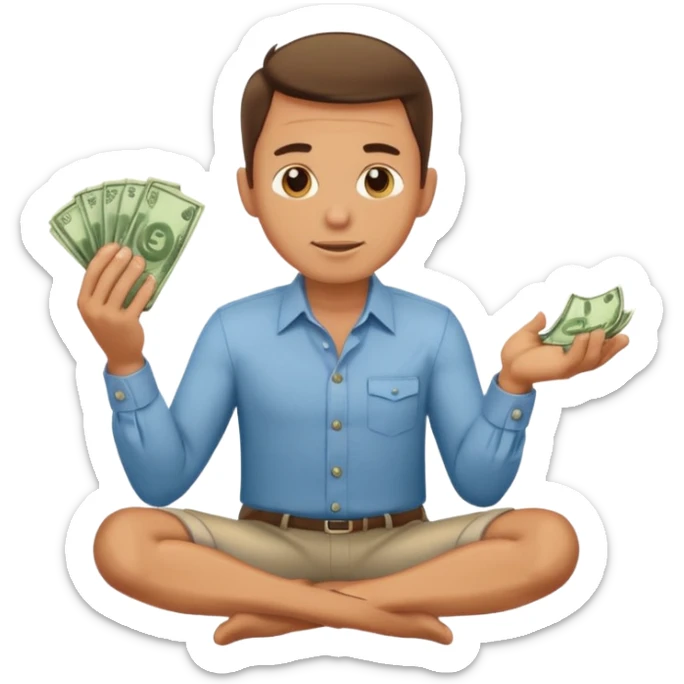 1 man is kneeling, holding a wad of money and asking for something sticker