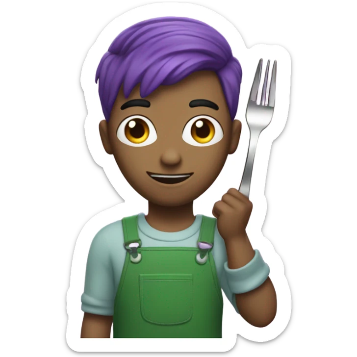 A man with purple hair and he is wearing a green jumpsuit with the number 230 on his jumpsuit. He also is holding up a fork sticker