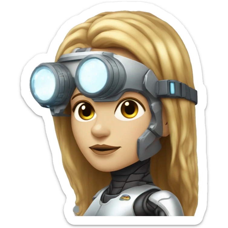 female cyborg head, fair skin, Brown long hair with blonde steaks, space age goggles and circuits sticker
