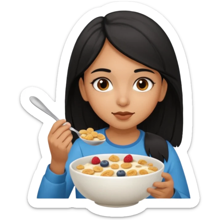Brown girl eating cereal emoji. Straight hair. Brown eyes. Pakistani sticker