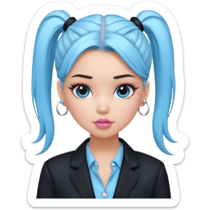 generate a pretty bratz girl wearing a light blue full sleeve shirt, silver small hoops, pink lipgloss, black blazer, hair tied up in a ponytail (black hair) sticker