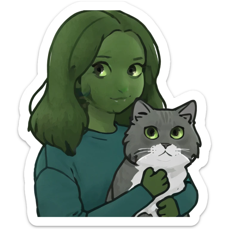 Brunette girl with dark blue sweatshirt holding a fluffy grey Siberian cat sticker
