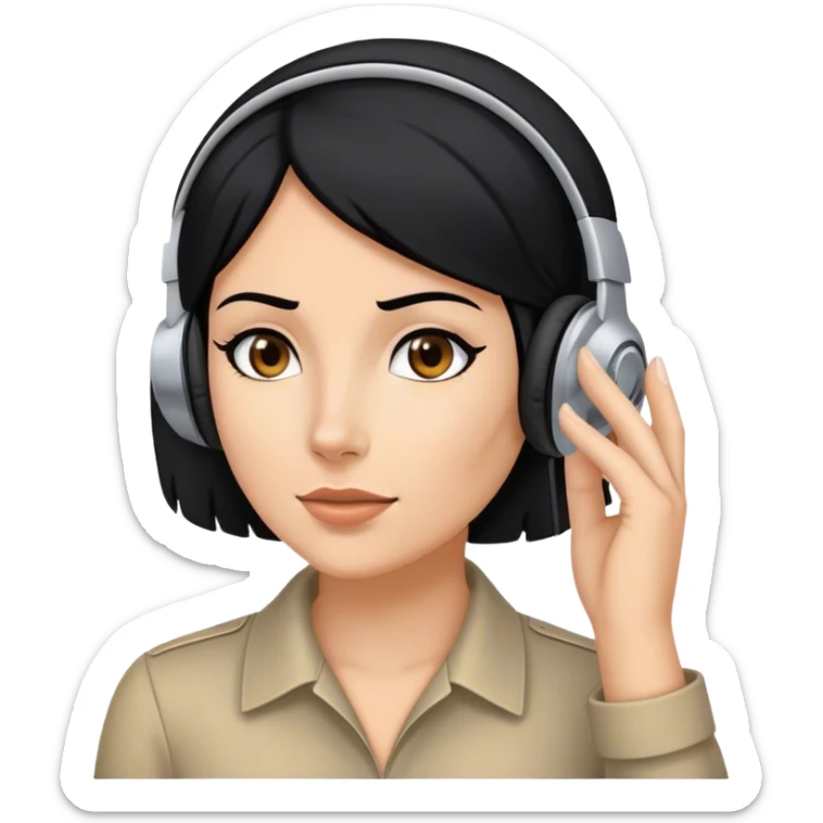 white Woman  with black hair with headset and her hand in her left ear like trying ti hear better like a spy  sticker