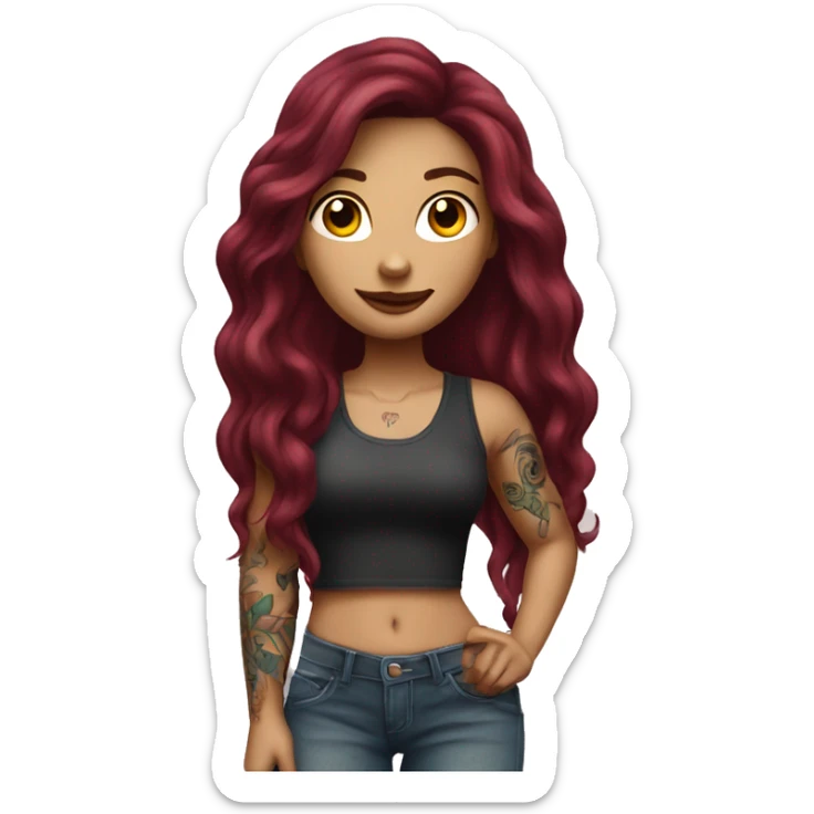 Beautiful tattooed burgundy long haired woman standing next to a car sticker