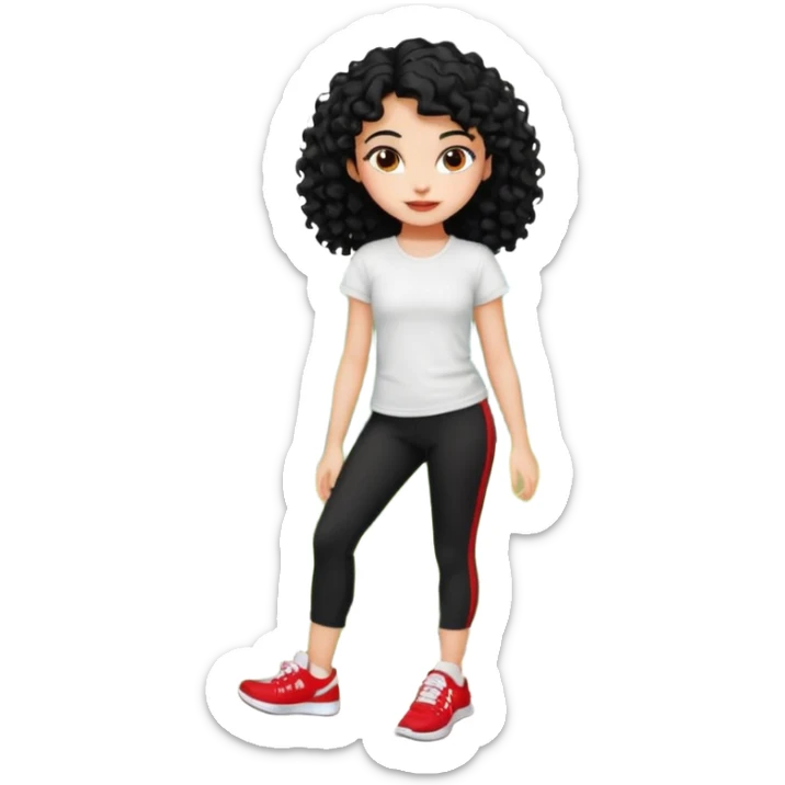 generate a pretty bratz fair skinned girl with curly black hair wearing a white tshirt trekking on a hill with red sneakers on and black leggings. Show HILLS sticker