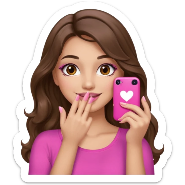 girl with long wavy brown hair, brown eyes, long lashes makeup, sexy pink lips, light to medium complexion, pink sexy top, smiling, hand covering mouth sticker