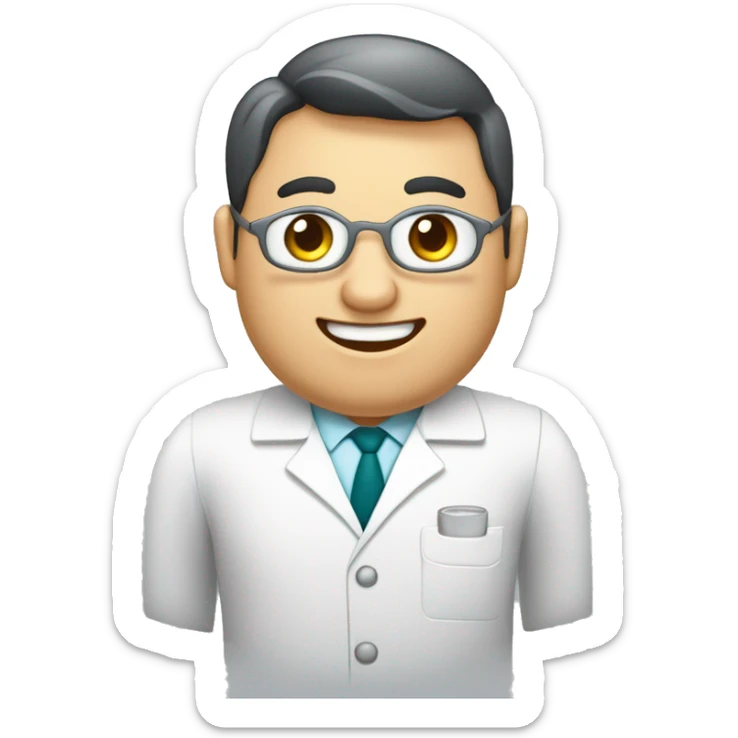 Crea un avatar de medio cuerpo de un dentista gordito con ojos grandes , cara fina, pelo cafe , ojos grises, uniforme blanco sticker