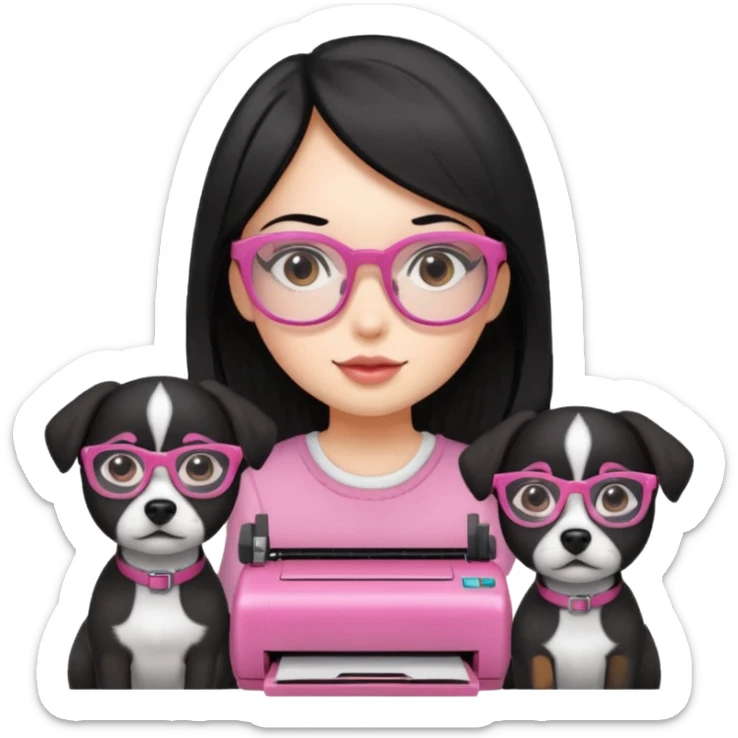 Una chica con pelo negro y lentes rosados, con una impresora negra y dos perras, la primera de color marron y la otra negra sticker
