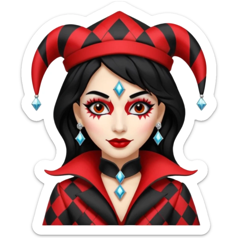 Jester woman, black and red suit, black hair, white and black make up sticker