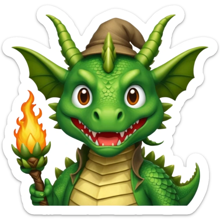 ein Drache mit einem Zauberstab in der Hand  und einem Hud  auf dem kopf und ein schnurbard auf dem gesicht sticker