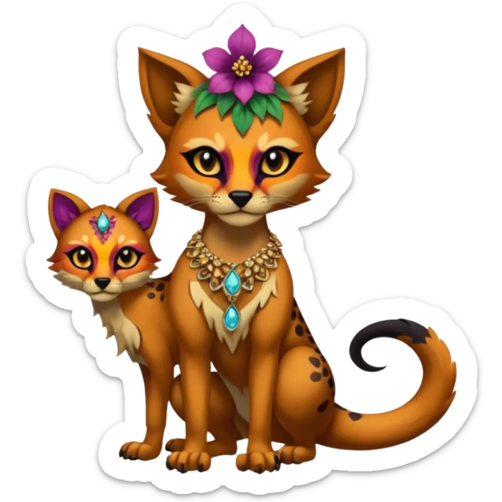 Multicolored gloomy dark edgy spooky hot warm badass realistic floral exotic Falvie-Fionbri-animal, full body, wearing jewelries sticker