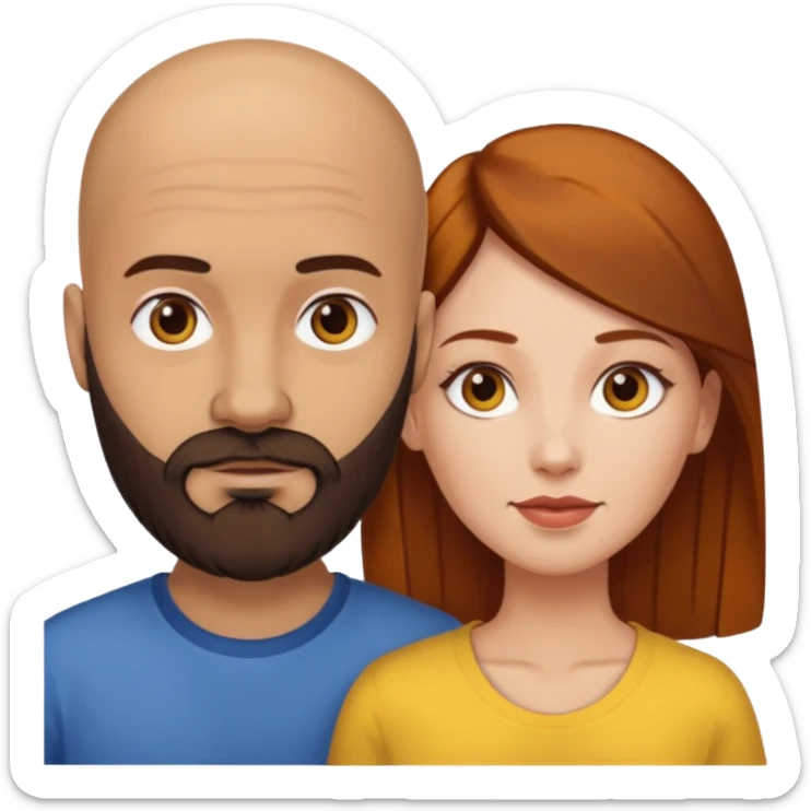Couple. A bald man with dark brown beard and a woman with white skin and dark-yellow-auburn-brown hair. Different skincolor. sticker