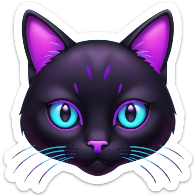 futuristic glowing black cat emoji, neon cyan eyes, purple #8B5CF6 highlights, tech minimal style, dark background sticker