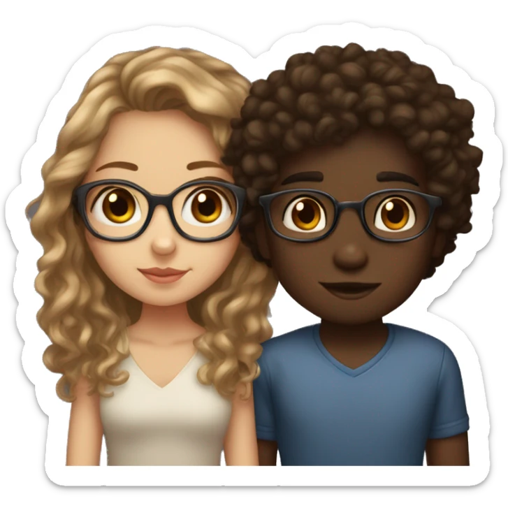 A light skinned girl with brown eyes, long light brown hair and glasses who is KISSING ON LIPS a dark skinned boy with brown eyes and curly hair sticker