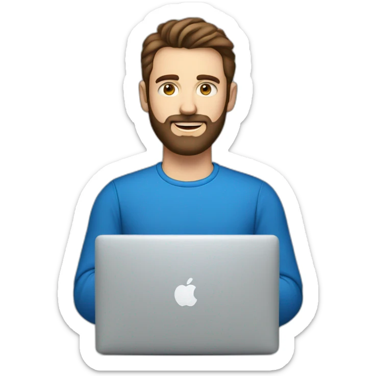 man with brown hair, blue eyes, a fine beard, wearing a f1-shirt working with a macbook sticker