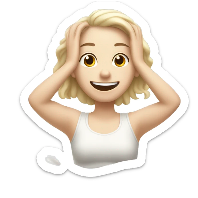 Happy pale girl wakes up in bed and stretches hands up in the air  sticker