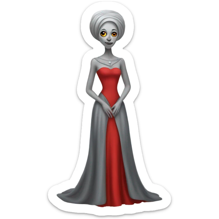 a gray alien woman, full body, in red Romanov dress sticker
