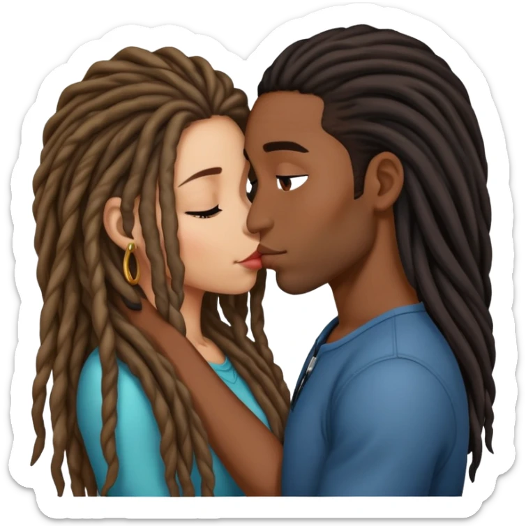 Latina Woman with long hair kissing a young black guy with dreads no beard sticker