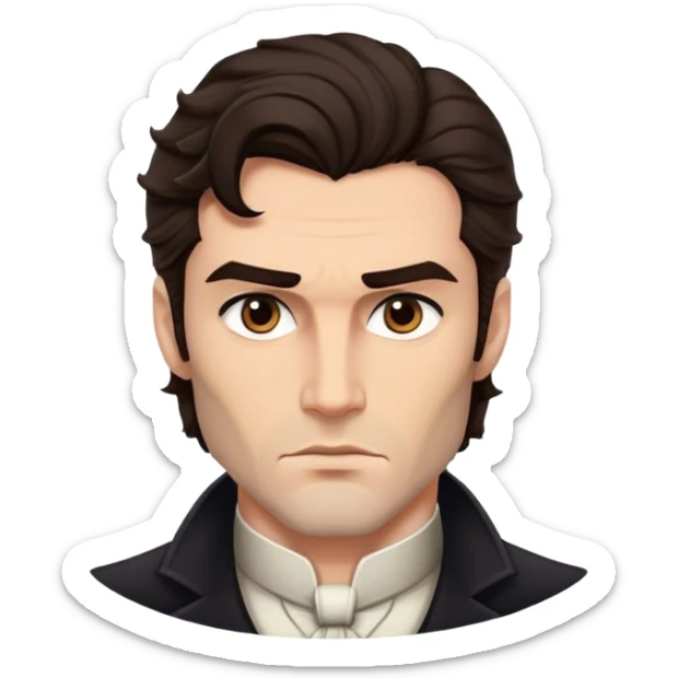 lord with tall, strong build, chiseled jawlinge, dark brown wavy hair, well-groomed sideburns, deep brown eyes, serious expression sticker