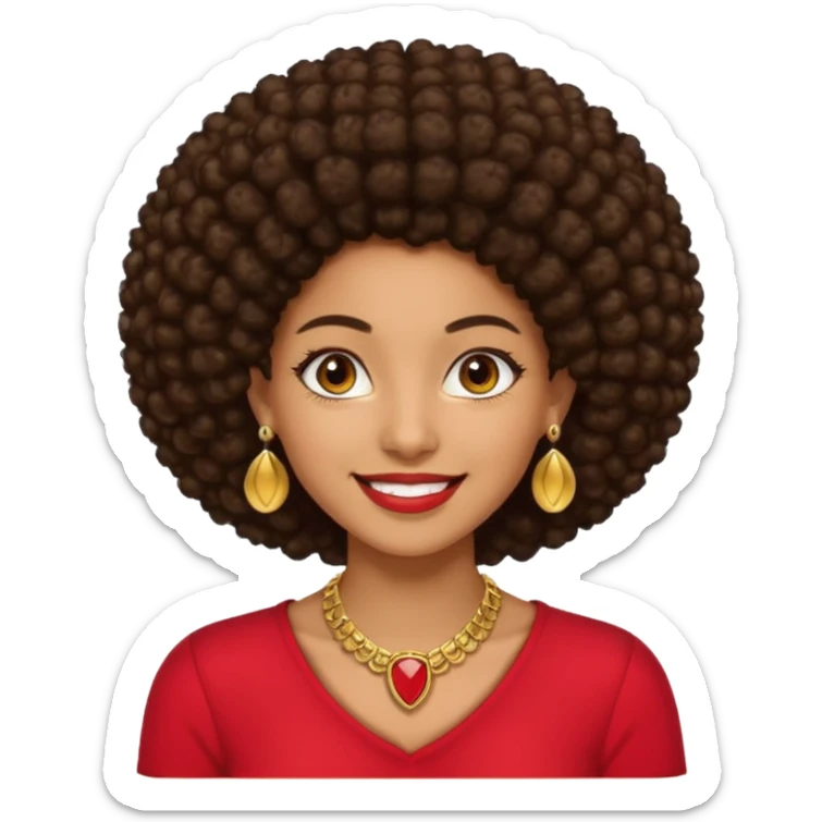 Brownskin girl dark brown hair afro brown eyes smiling red shirt gold esrrings gold necklace sticker