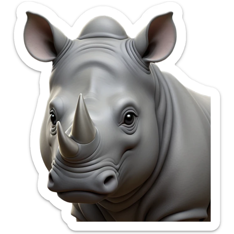 cinematic-noble--rhinoceros-portrait-emoji,slate-grey-hide--poised-and-regal,-with-a-massive,-powerful-build-and-a-thick, -deep-set-soulful-piercing-eyes,-simplified-yet-sharp-and-sophisticated-features,-highly-detailed,-large-black-eyes, zoomed out showing shoulders, large white horn  sticker