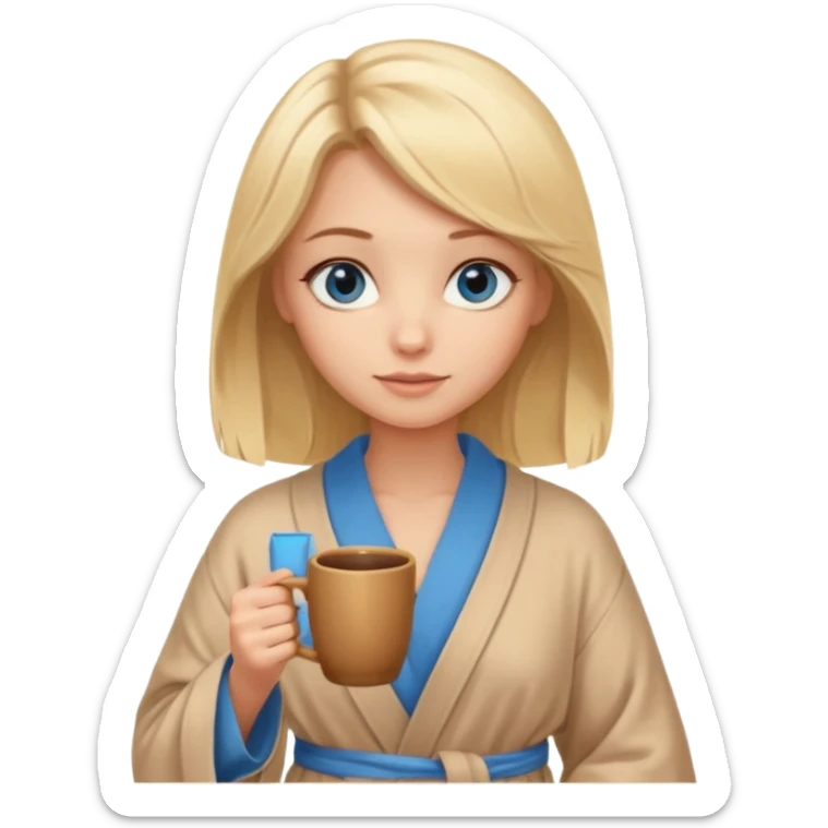 cozy blonde girl with middle length hair and blue eyes holds a brown cup in beige  robe sticker