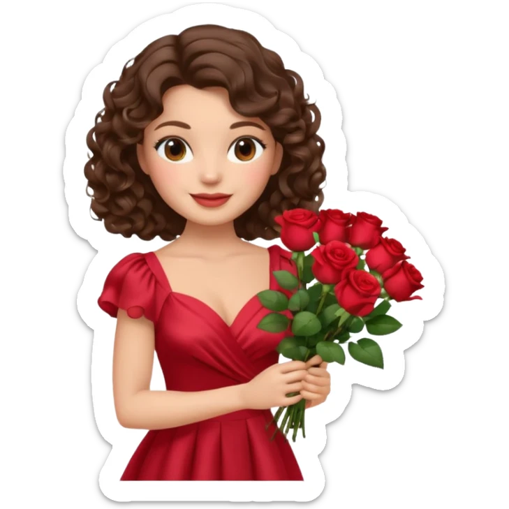 beautiful female memoji, brunette with soft curls, holding a bouquet of roses, wearing a silk dress, gentle smile, romantic vibe sticker