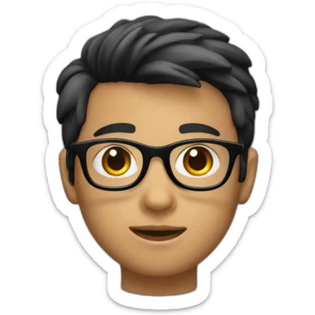 A boy with slightly parted hair and black framed glasses, wearing a black T-shirt sticker