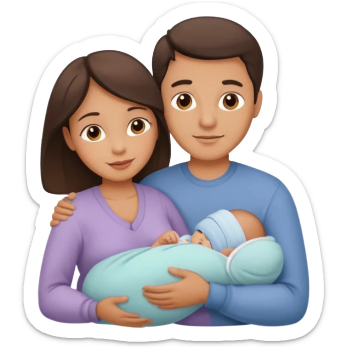 30s couple, man and woman, caring for a newborn baby, warm and loving family atmosphere sticker