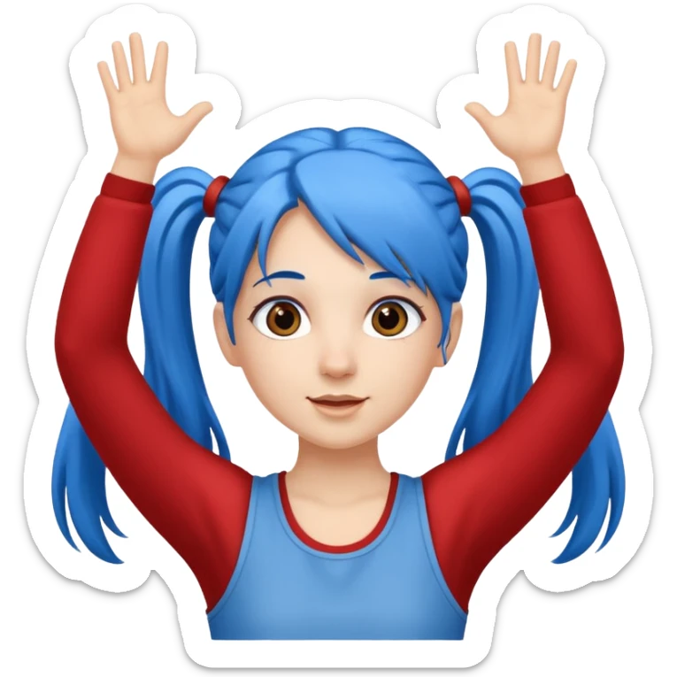 long blue hair girl in pig tails with brown eyes arms up celebrating sticker