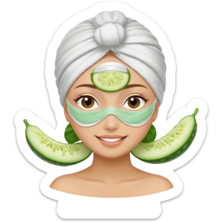 girl with her hair in a towel turban and a faks mask on and cucumber slices over her eyes at a spa sticker