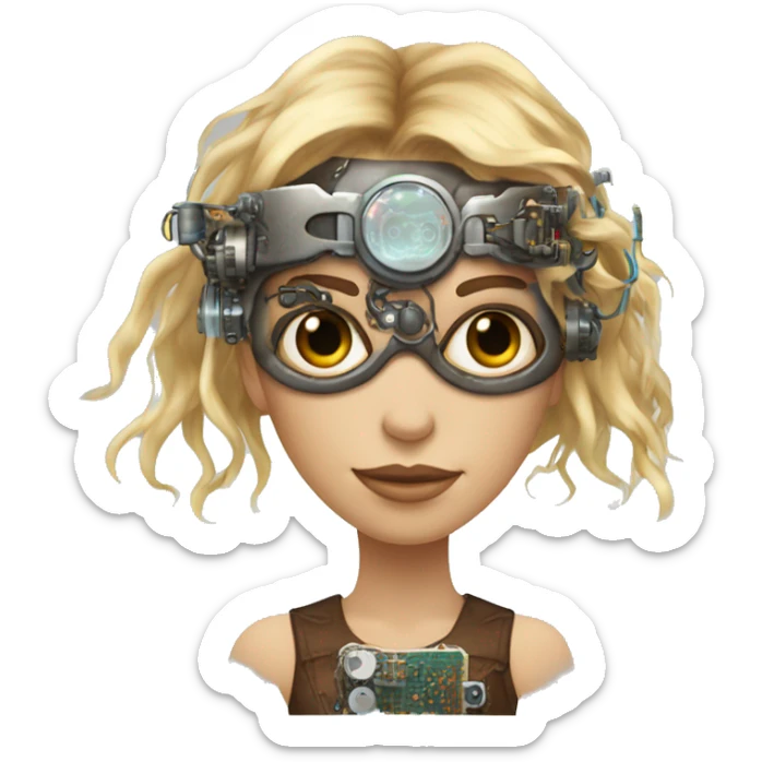 Brown long hair with blonde steaks female cyborg head, fair skin, steampunk goggles and circuits sticker