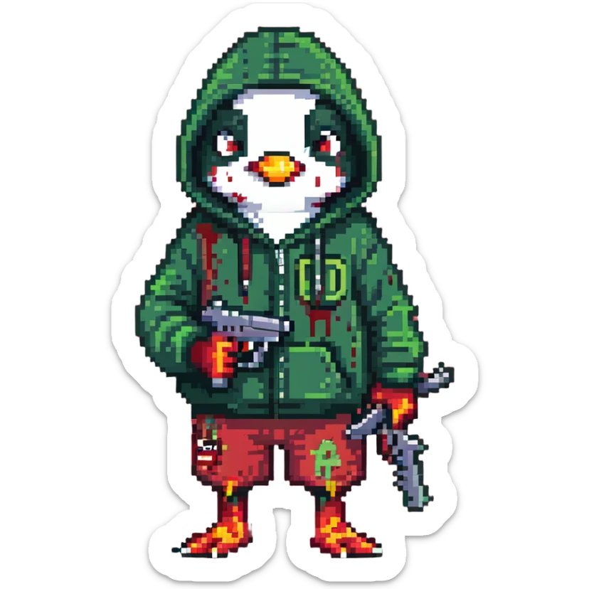 A cute half-dolphin half-penguin thug with a gun, green hoodie with blood stains, wearing Dollar General shorts sticker